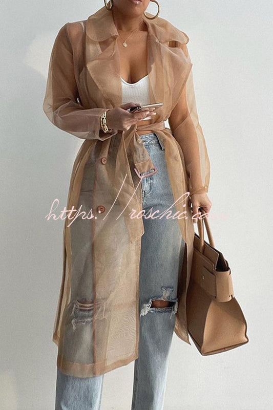 Color Patchwork Button Belt Pocket Long Sleeve Coat