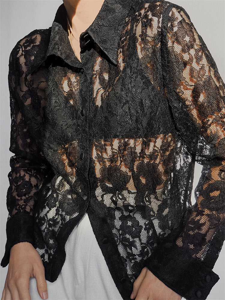 Tossy Lace Printed See-through Shirts for Lapel Hollow Out Long Sleeve Patchwork Cardigan ’s Loose Shirts Summer