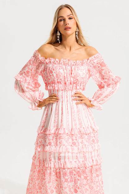Print Frill Off-shoulder Midi Dress