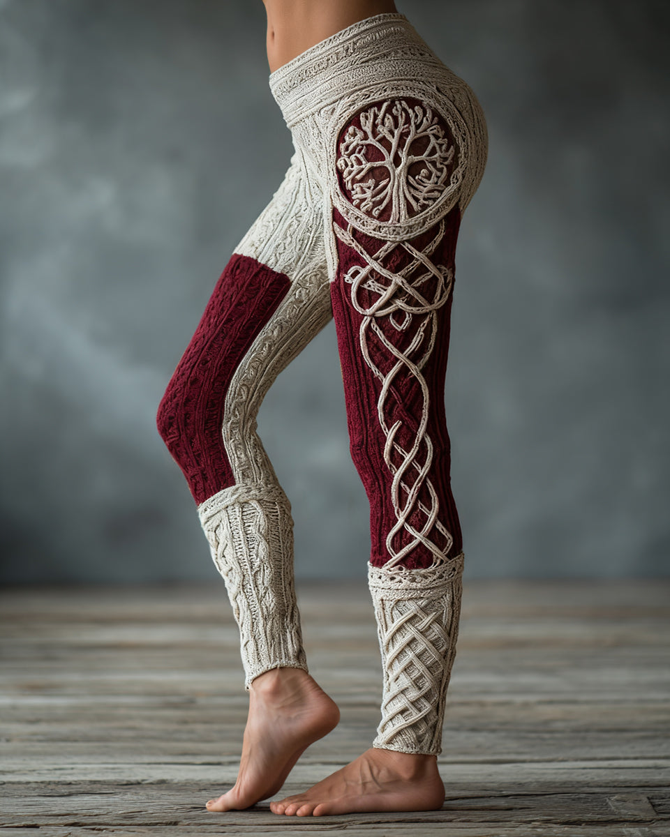 Vintage Viking Tree Of Life Celtic Knot Art Knit Jacquard Cozy Leggings artswardrobe