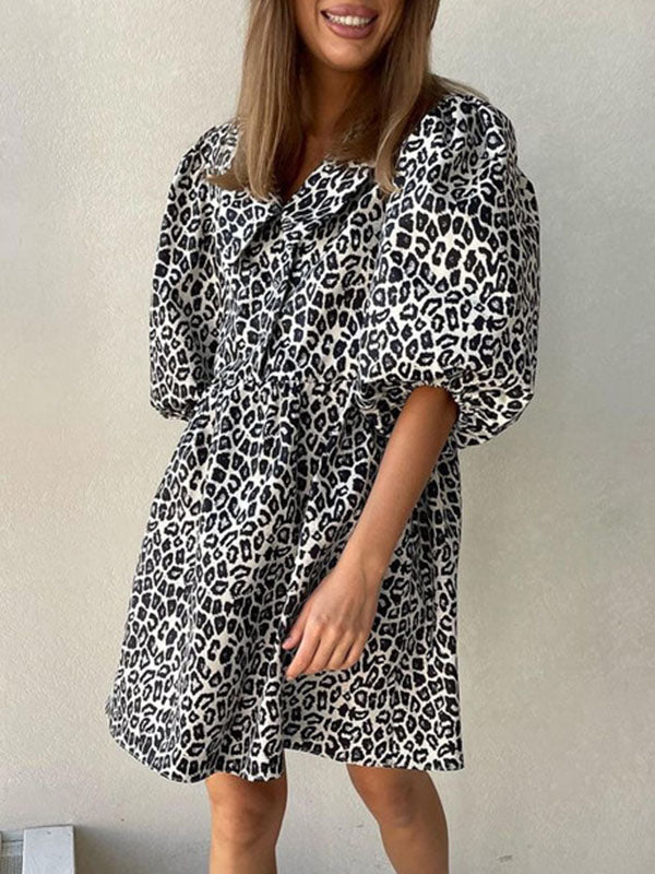 A-line Half Sleeves Buttoned Elasticity Leopard No Belt Zipper Lapel Mini Dresses
