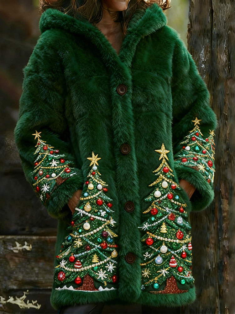 Comstylish Colorful Christmas Tree Plush Long Hooded Cardigan