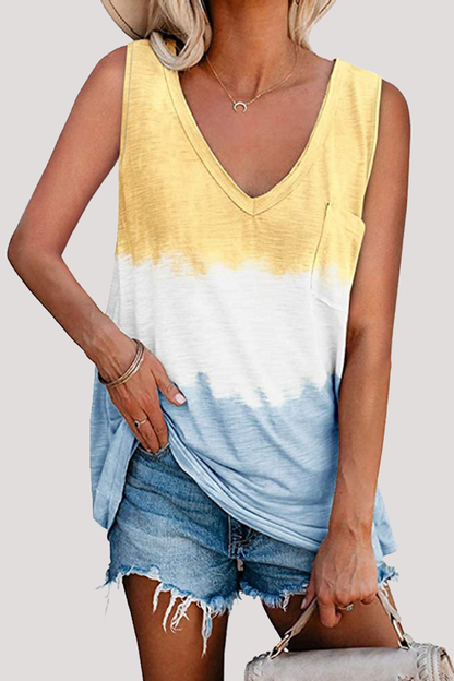 Patchwork Tie Dye Pocket V Neck T-shirts