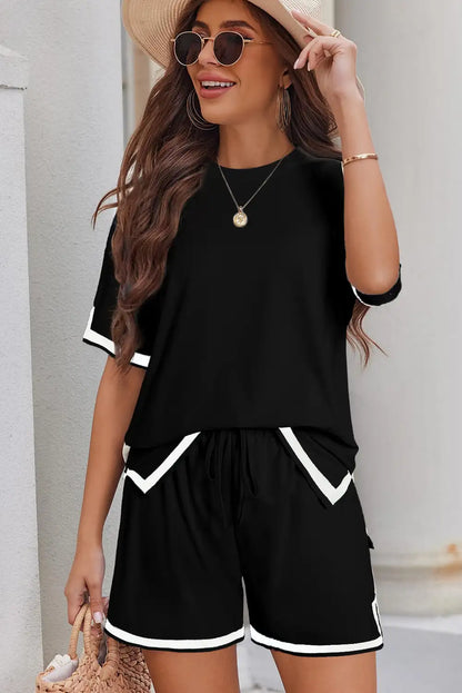 Black Color Block Tee and Shorts Set