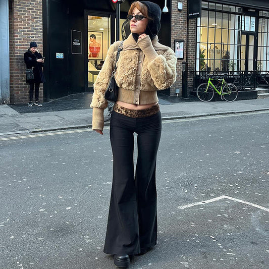 Cutenova Fashionable Leopard Print Patchwork Low Waist Flared Pants for to Slim Down Spring Color Pant
