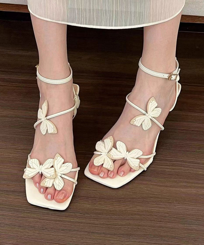 French White Butterfly Splicing Buckle Strap Stiletto Sandals Peep Toe Oi072