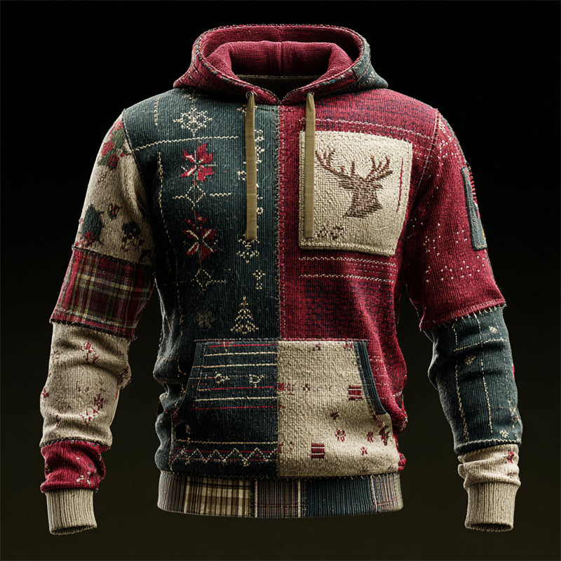 Comstylish Vintage Christmas Reindeer Plaid Patchwork Hooded Sweater