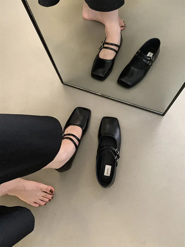 Belt Buckle Shallow Cut Split-joint Square-toe Flats Mary Janes