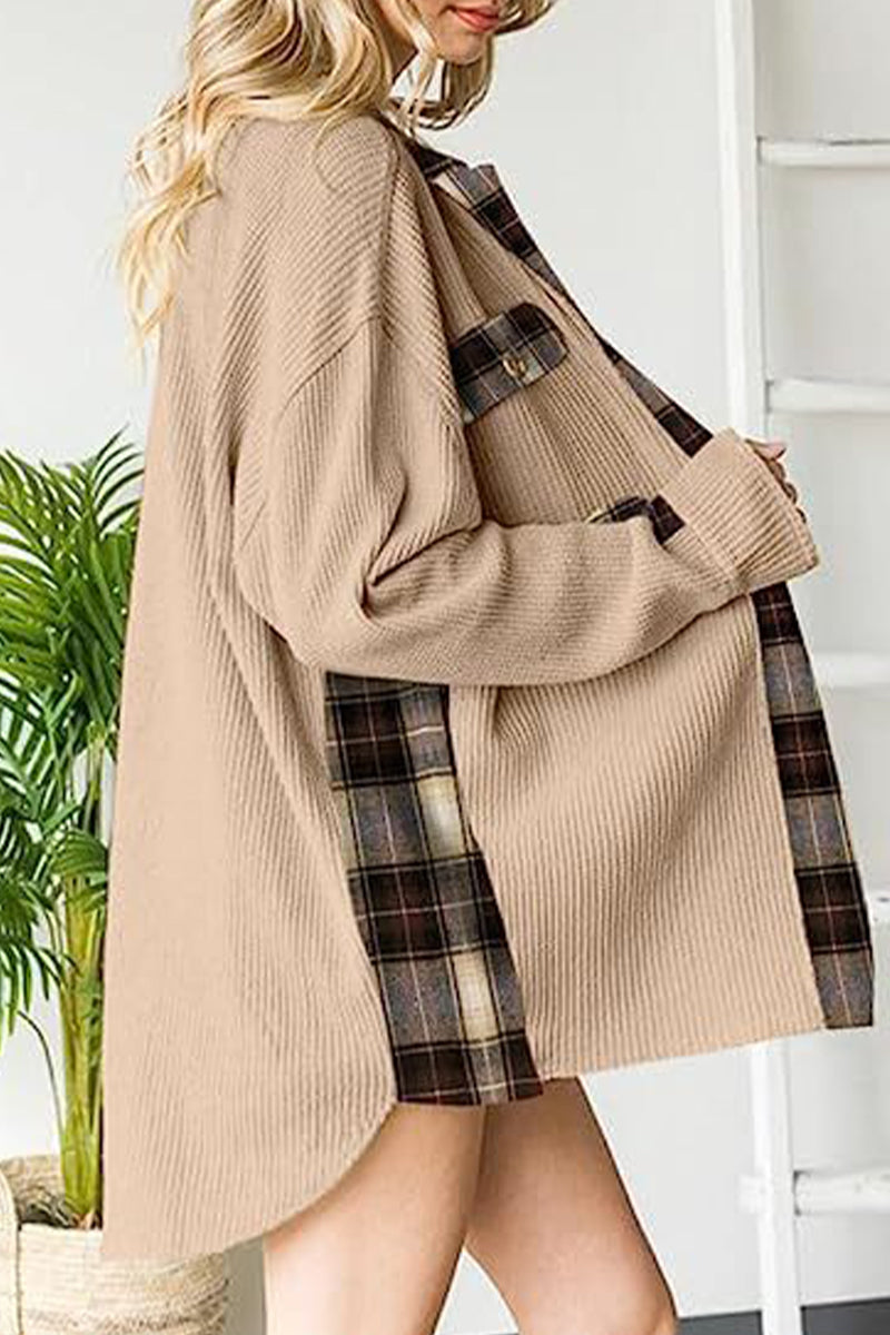 Color Block Pocket Contrast Turndown Collar Tops