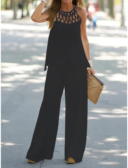 Autumn Spring Mesh Irregular Asymmetric Top Wide Leg Pants Two Piece Set
