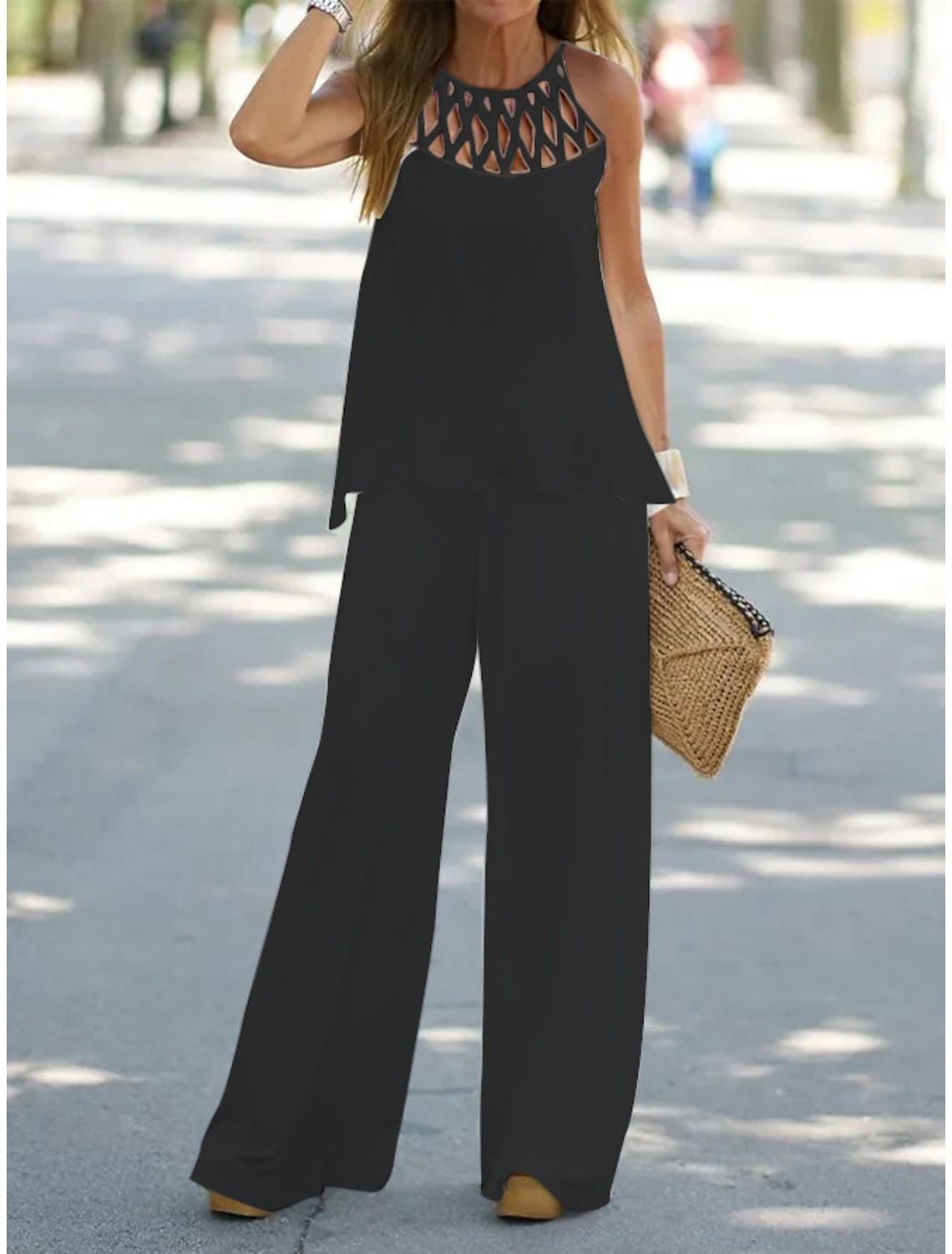 Autumn Spring Mesh Irregular Asymmetric Top Wide Leg Pants Two Piece Set
