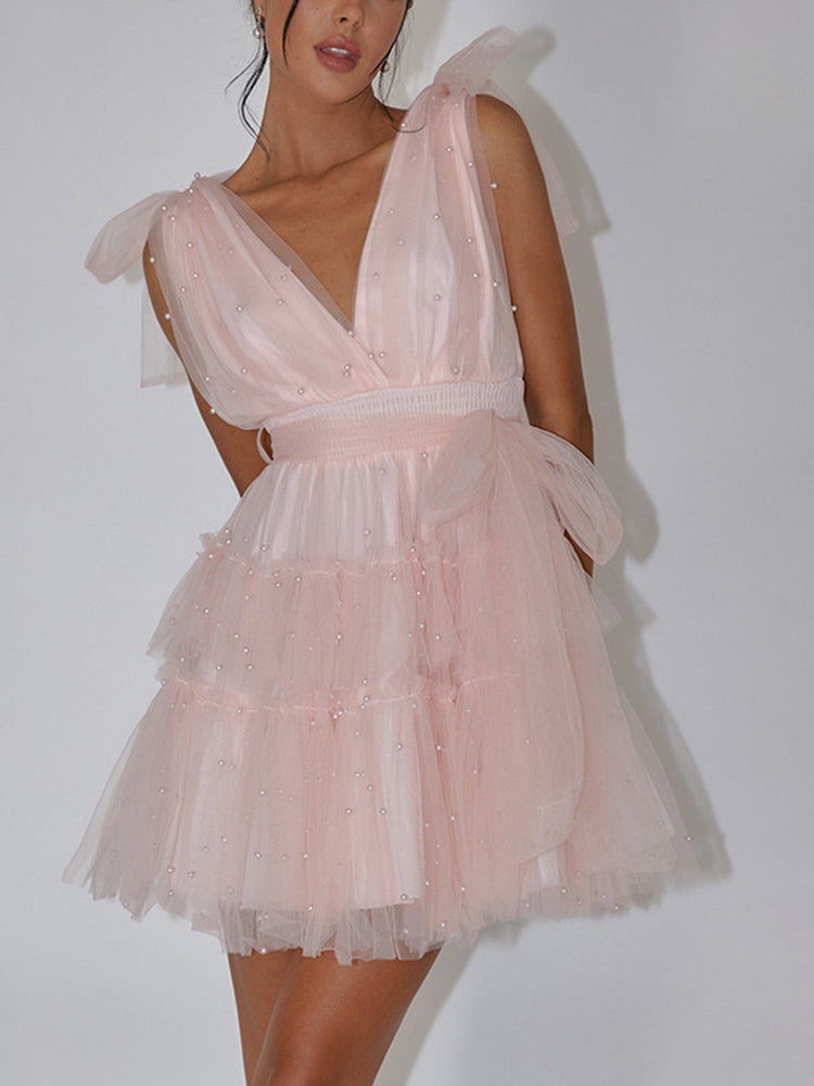 Tossy Mesh Bow Short Dress for Pearl Patchwork Sleeveless High Waist Color Party Evening Female Mini Dress