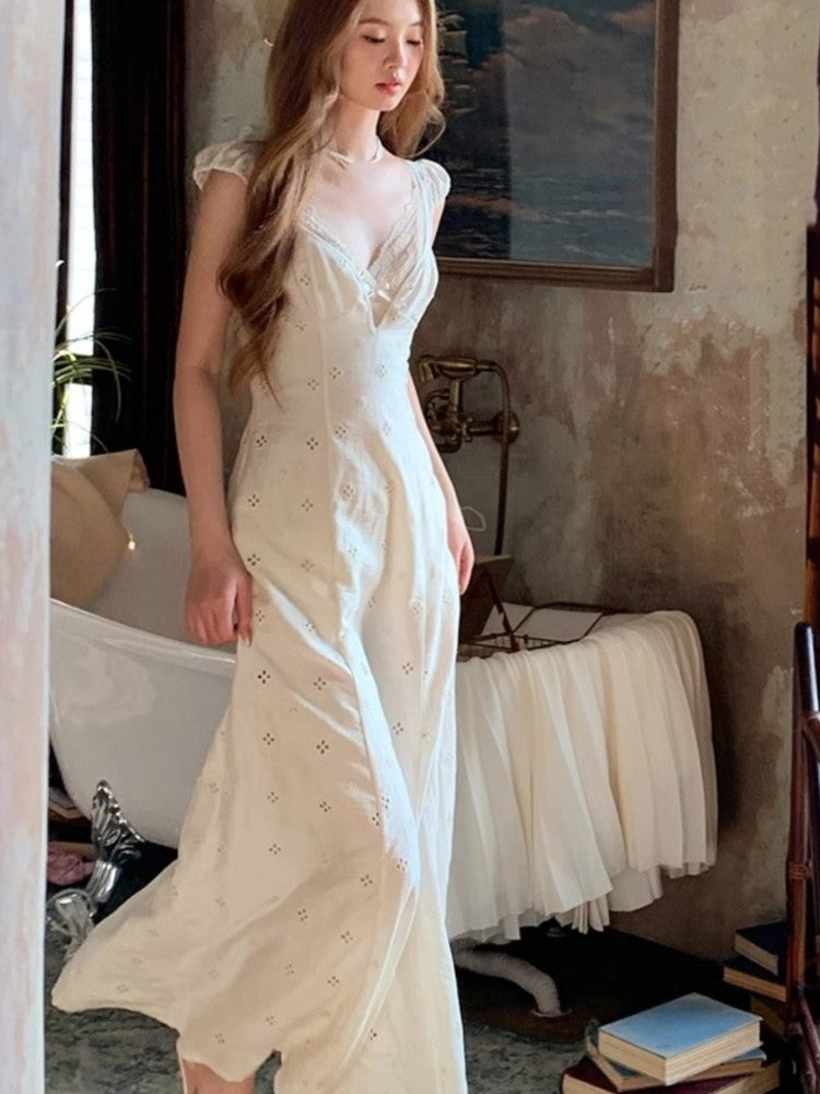 New Summer Hollow Out Midi Dress V-neck Vocation French Style White Dress Korean Slim Vestidos