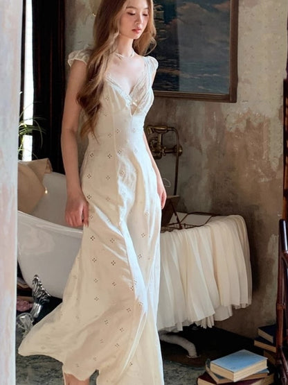 New Summer Hollow Out Midi Dress V-neck Vocation French Style White Dress Korean Slim Vestidos