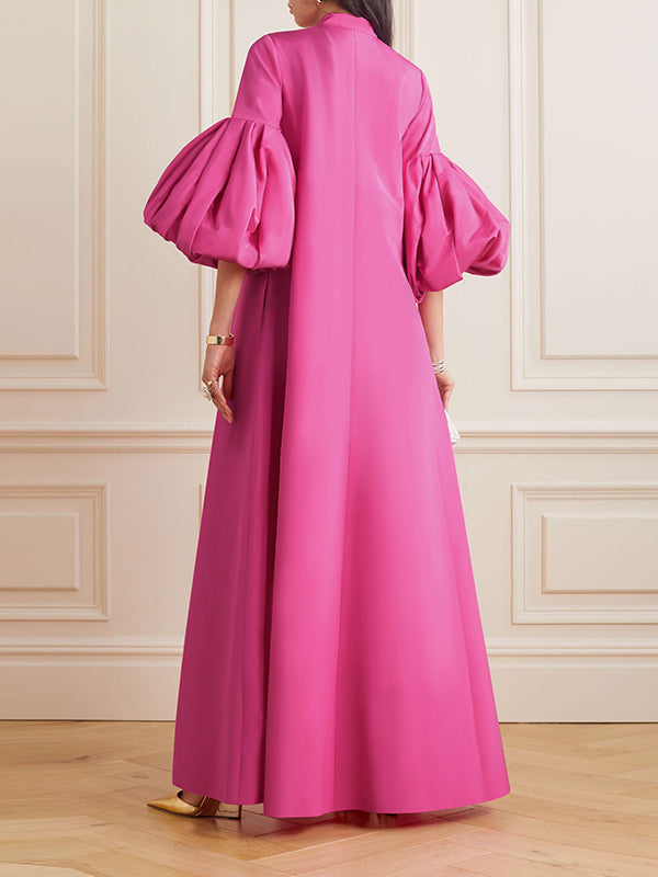 Loose Flower Shape Color Stand Collar Lantern Sleeves Maxi Dresses