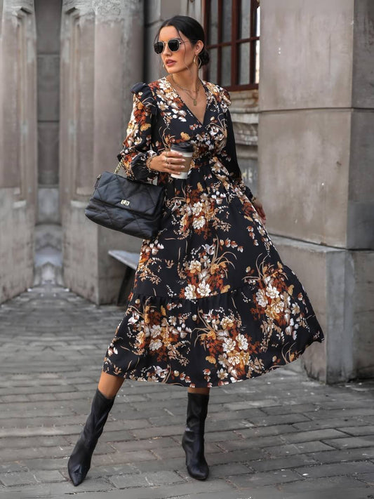 Harvest Love Print Tiered Midi Dress