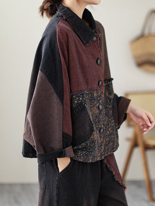 Contrast Color Fringed Split-joint Long Sleeves Printed Outwear + Harem Pants Two Pieces Set