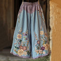Vintage Floral Embroidered Art Casual Linen Pants artswardrobe