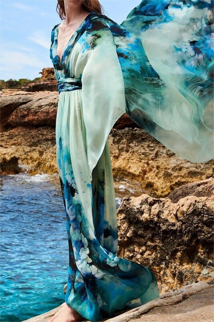 Long Sleeves V-neck Tapered Waist Maxi Dress Blue