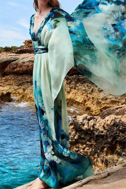 Long Sleeves V-neck Tapered Waist Maxi Dress Blue