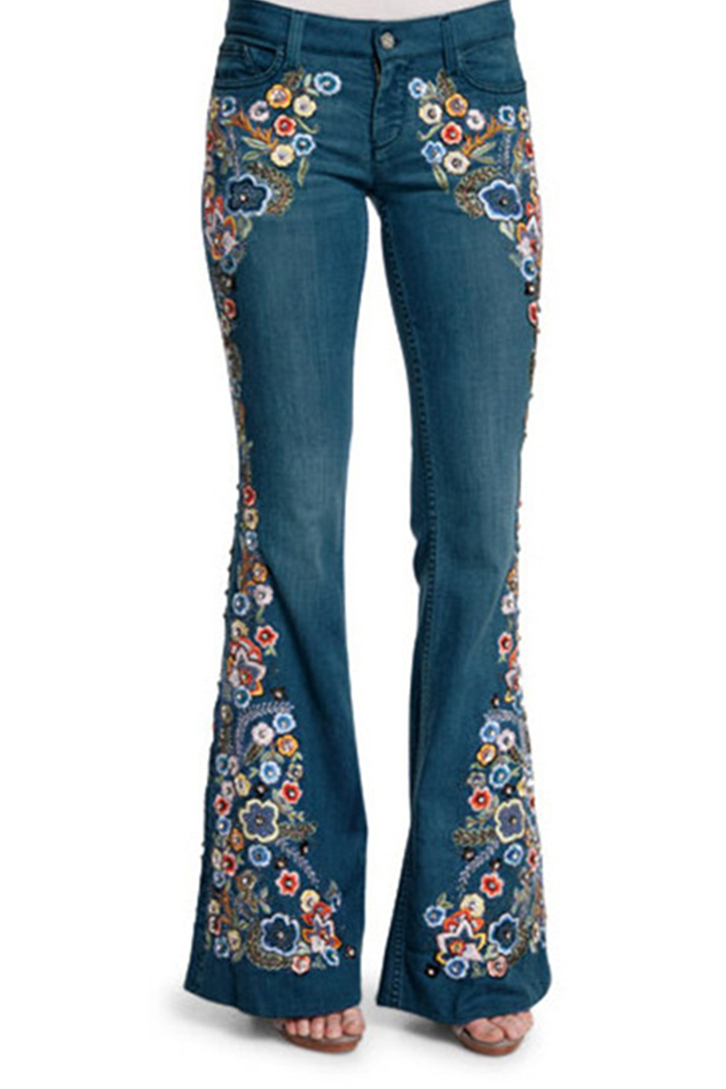 Print Patchwork Boot Cut Denim Jeans