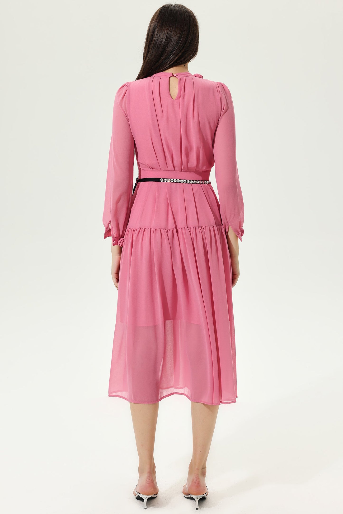 Lantern Sleeve Crew Collar Three-dimensional Flower Tapered Waist Midi Dress Pink