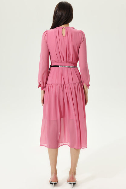 Lantern Sleeve Crew Collar Three-dimensional Flower Tapered Waist Midi Dress Pink