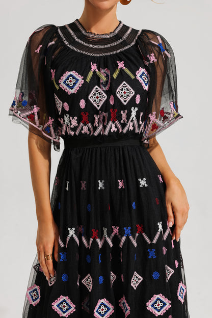Mesh Embroidered Smocking Midi Dress