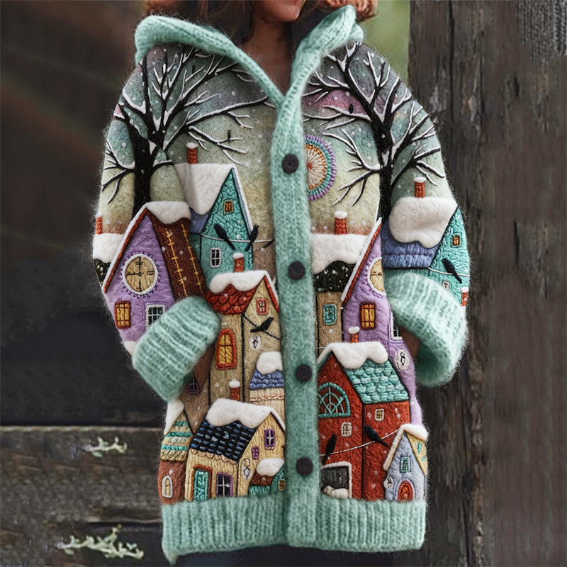 Comstylish Winter Snowing Cottage Landscape Felt Embroidered Cozy Hooded Cardigan