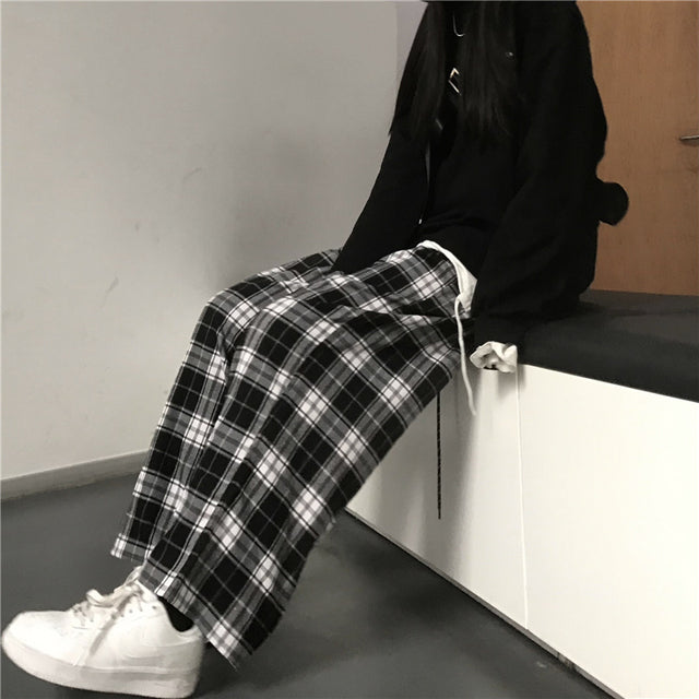 Oversize Sweatpants Black Plaid Pants Baggy Elastic Waist Pockets Student Hip Hop Loose Trousers