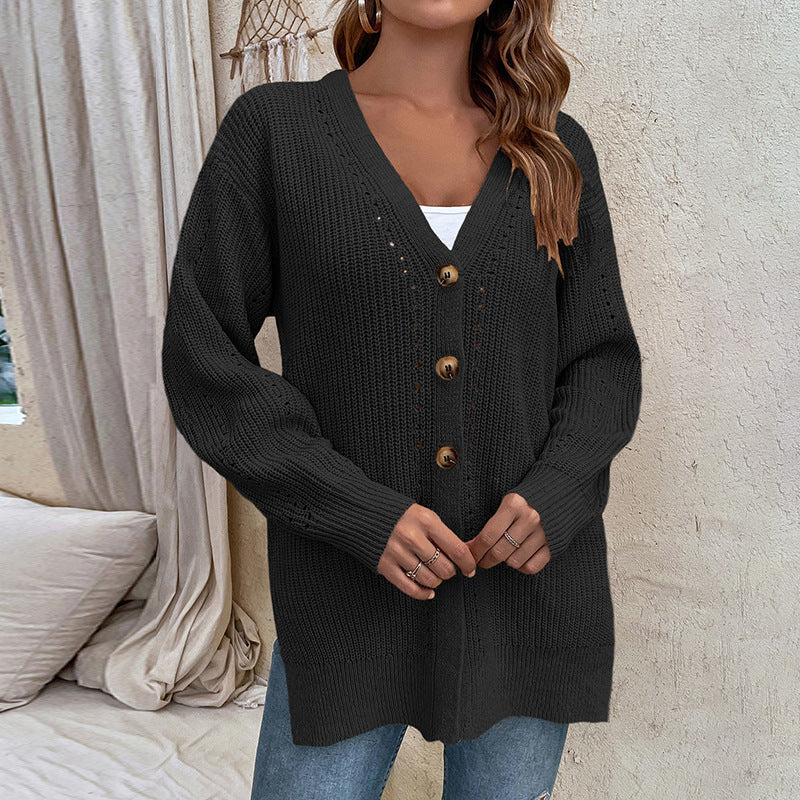 Autumn Winter Hollow Out Cutout Cardigan Sweater Button Slit Knit Sweater Coat