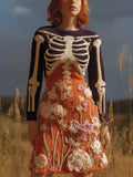 Women's Halloween Warm Tone Skull Rose Embroidered Dress artswardrobe