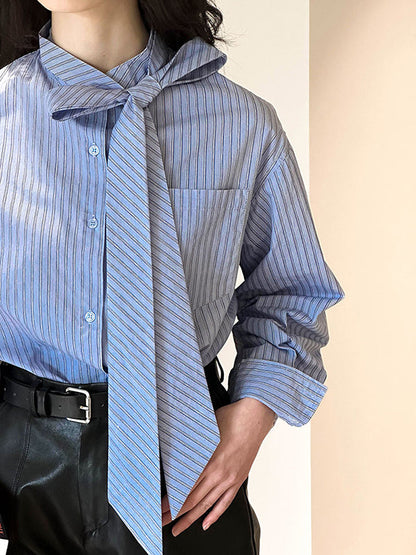 Long Sleeves Loose Buttoned Pockets Striped Tied Mock Neck Blouses&shirts Tops