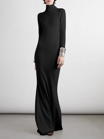 Long Sleeves Skinny Color High Neck Maxi Dresses