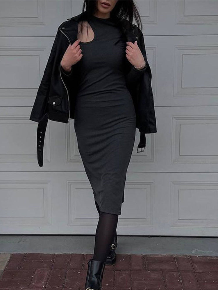 Cut Out Midi Dress for O-neck Long Sleeve Bodycon Party Dresses Autumn Winter Dress