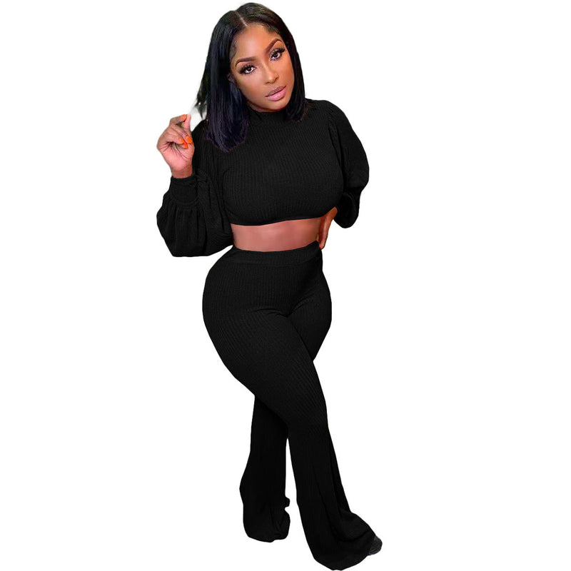 Urban Color Turtleneck Puff Sleeve Cropped Bell Bottom Pants Two Piece Set – Street Style Outfit