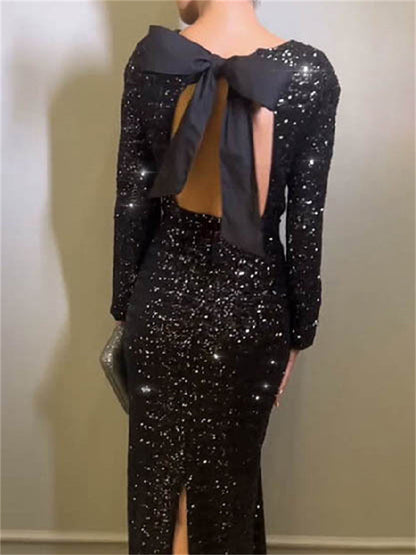 Tossy Tee Bow Sequin Slim Maxi Dress for Backless Split Glitter Club Party Dress Long Sleeve Dress