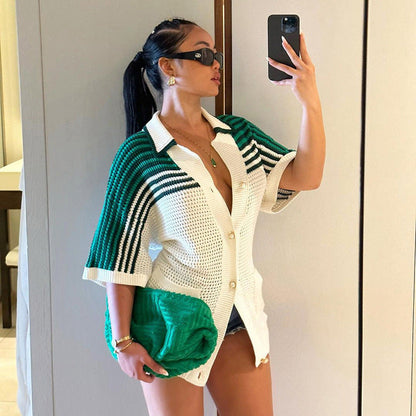 Clothing Knitted Collared Breasted Loose T Shirt Striped Woolen Contrast Color Short Sleeve Large Plate Top