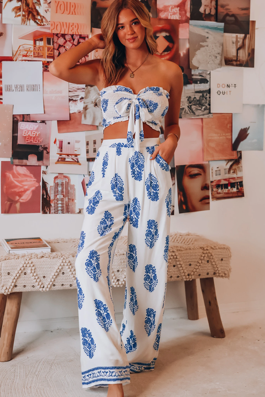 Clothing Two Piece Bow Tank Top Printed Wide Leg Pants Thin Pants