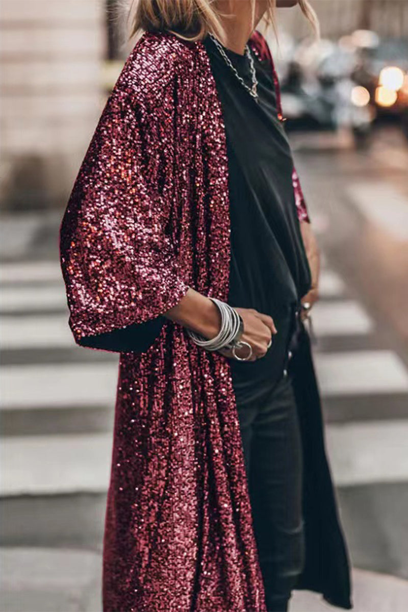Street Sequins Sequined U Neck Outerwear