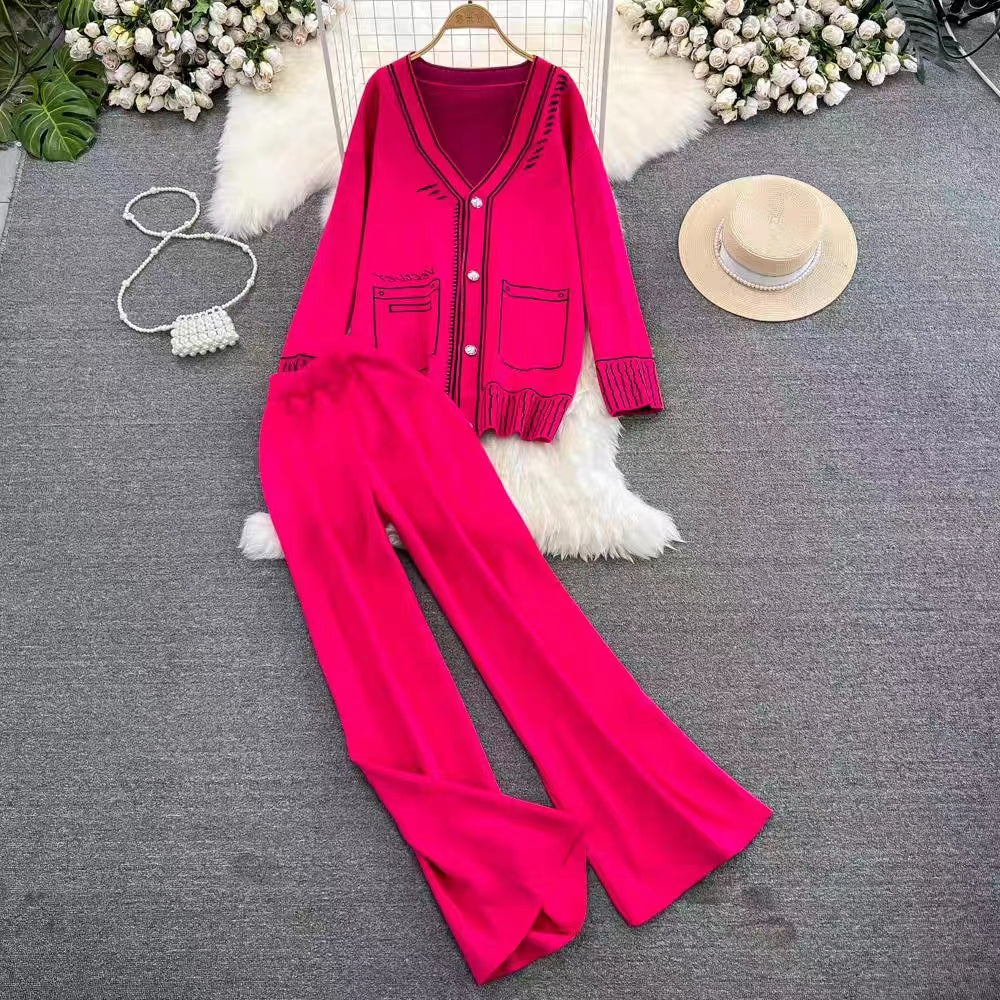 Long Sleeve V Neck Jacquard Knitted Sweater Jacket Two Piece High Waist Wide Leg Pants