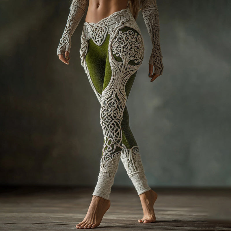 Vintage Viking Tree Of Life Celtic Knot Contrasting Colors Art Knit Cozy Leggings artswardrobe