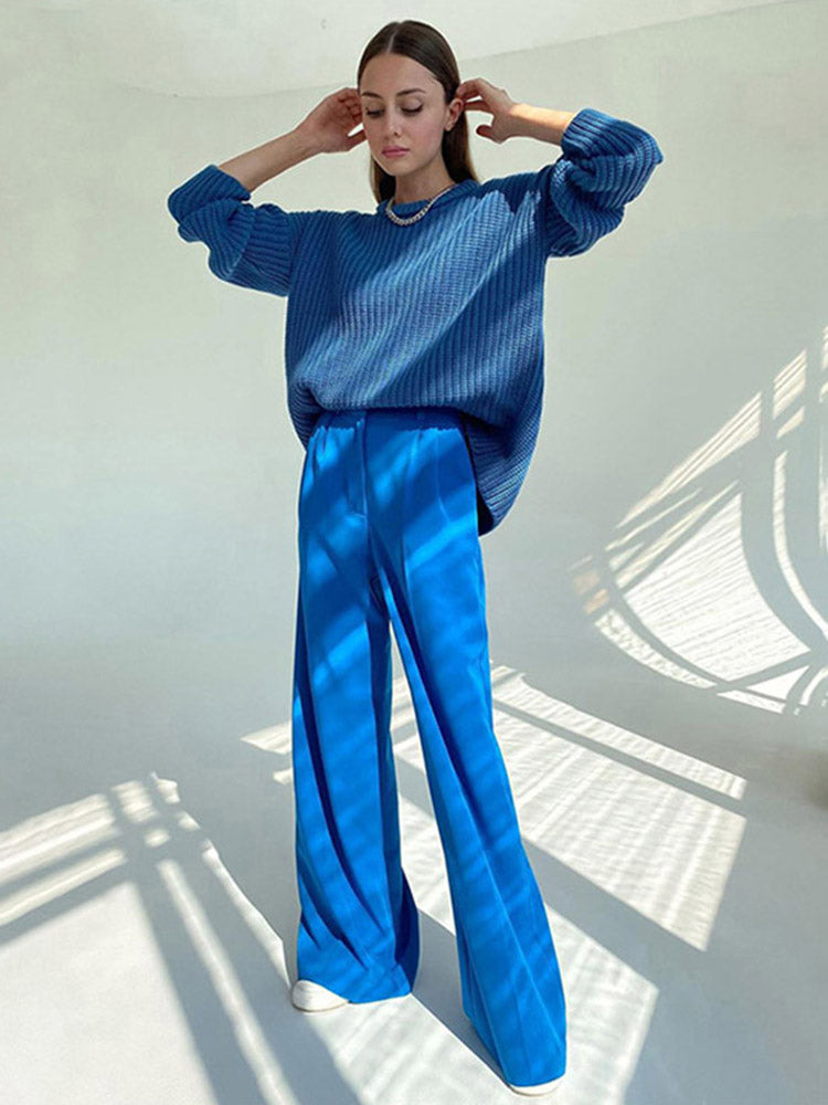 Blue Office ’s Pants Loose Full Length Trousers High Waist Wide Pants for