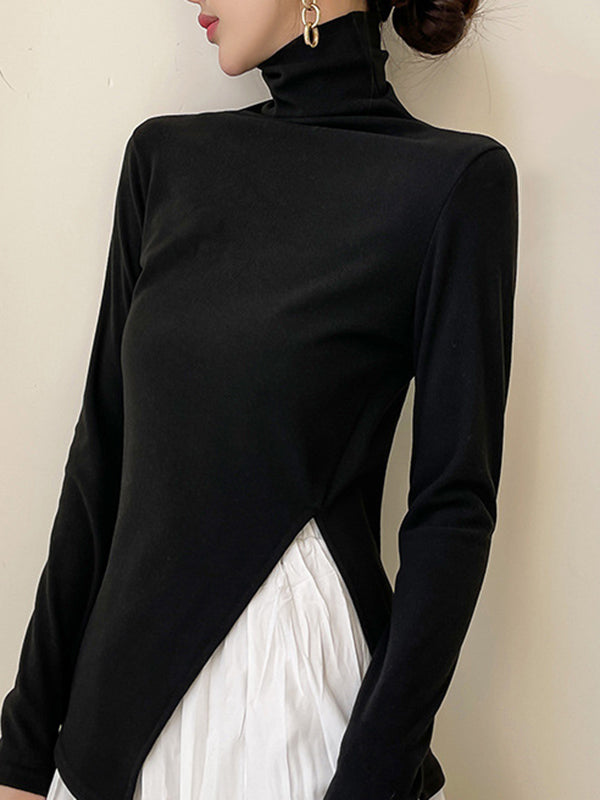 Skinny Long Sleeves Split-side Color High-neck T-shirts Tops