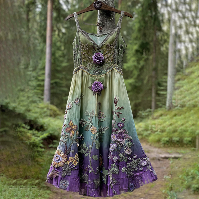 Classy Gradient Purple Lavender And Floral Embroidered Linen Suspender Dress artswardrobe
