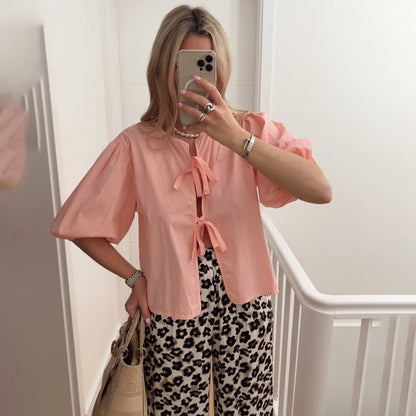 Trauxy White Lace-up Short Sleeve Shirt for Loose Color Patchwork Summer Blouse Female Club Party Outfits