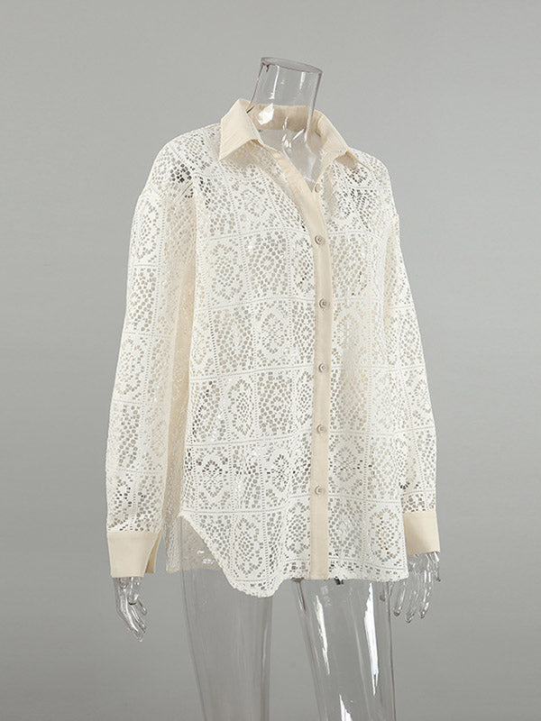 Long Sleeves Loose Buttoned Hollow See-through Color Sun Protection Lapel Collar Blouses&shirts Tops
