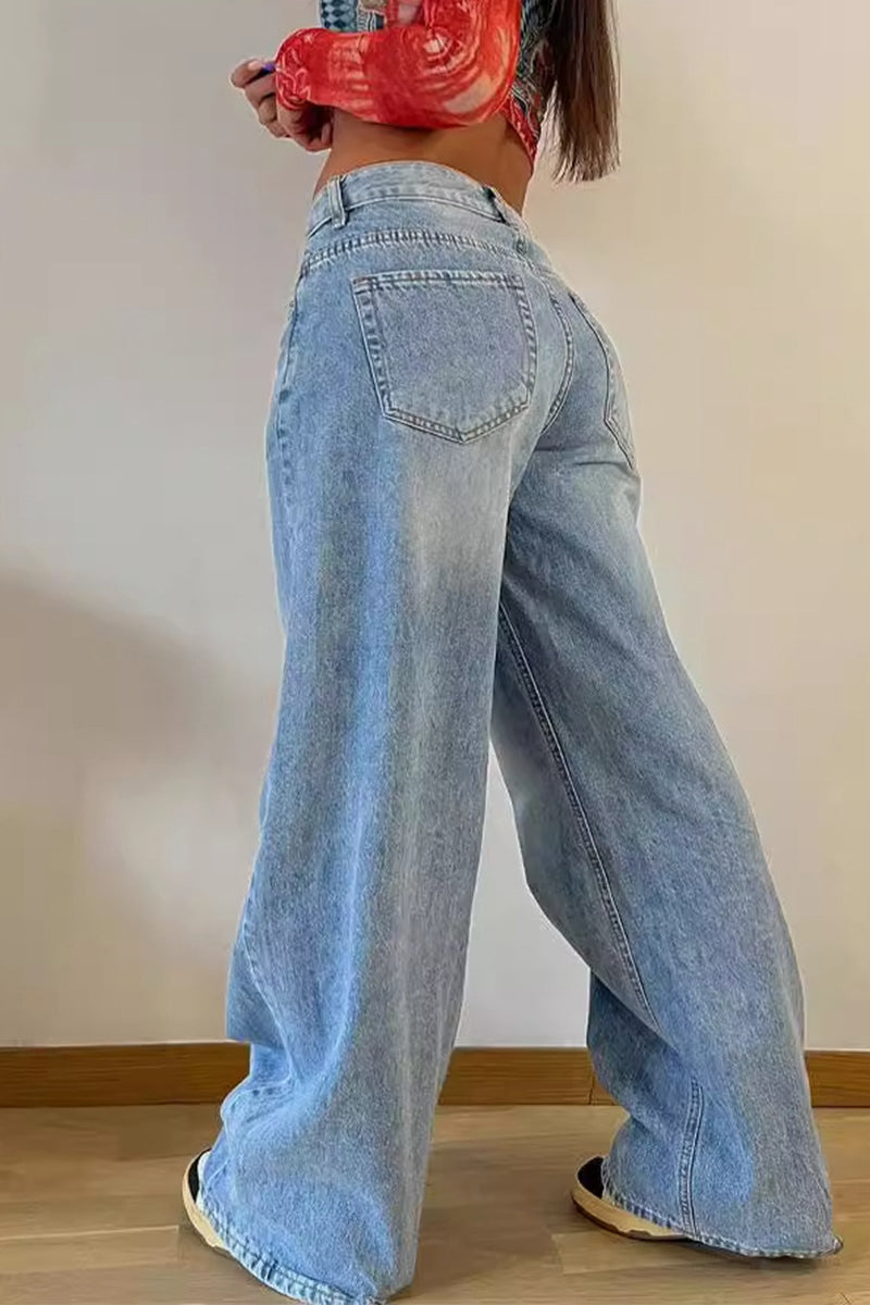 Street Make Old Pocket High Waist Loose Denim Jeans