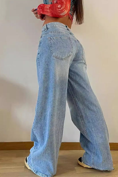 Street Make Old Pocket High Waist Loose Denim Jeans