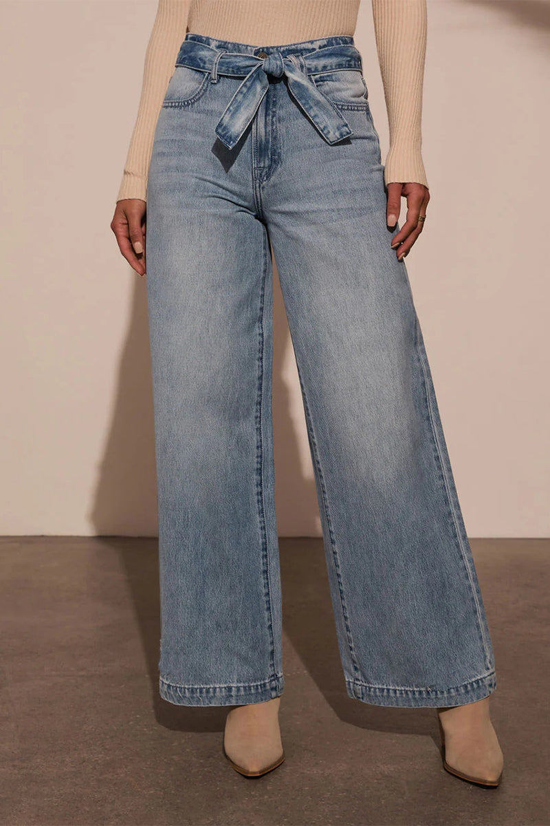 Gradient Color Distressed Lace Up High Waist Loose Denim Jeans